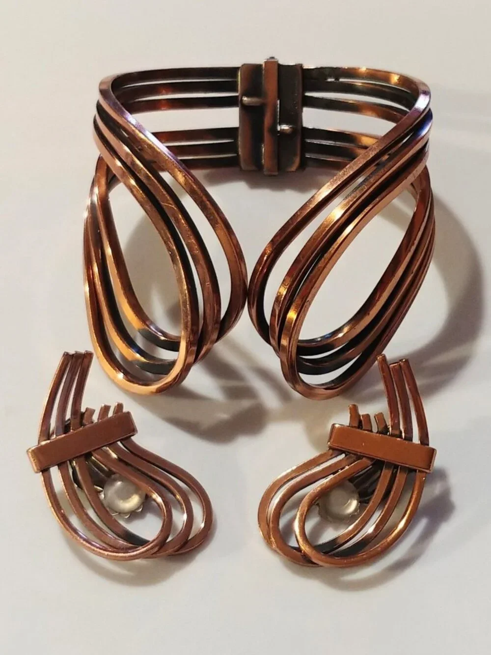 Gorgeous 50s MCM Signed Renoir Rhythm Copper Bracelet & Earrings Set
